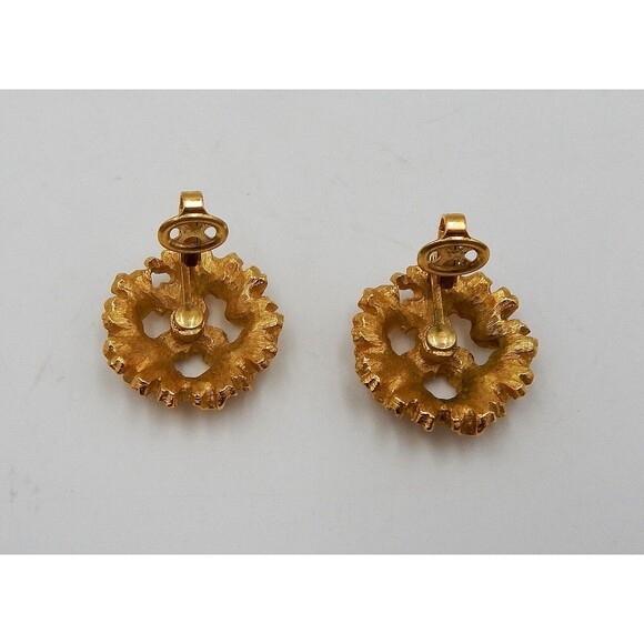 Crown Trifari Gold Tone Textured Oak Leave Patterned Clip On Earrings Signed - Picture 3 of 5